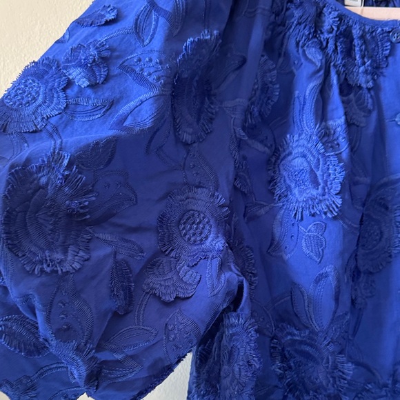 Chico's Cobalt Blue Floral Appliqué Puff-Sleeve Button Up Scoop Neck Blouse -XL - Picture 8 of 15
